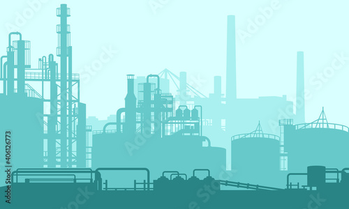 Vector illustration of a chemical processing plant with pipelines and chimneys. Suitable for design background elements from energy companies, power plants, and production plants. Oil and gas energy.