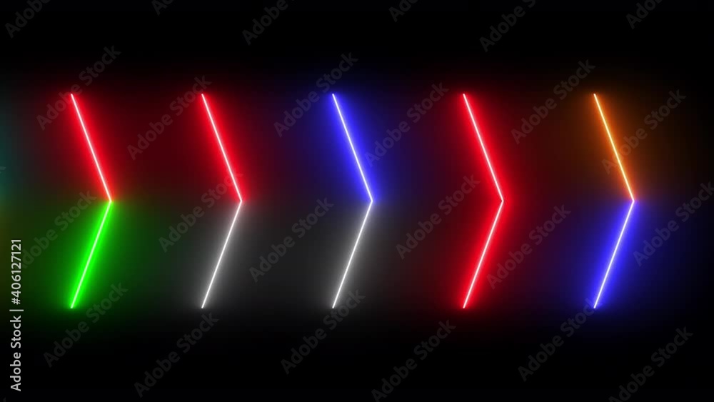 Colorful abstract blurred motion of neon line blaze glowing flashing arrow head animation loop moving random on a black background. Colorful abstract blurred motion of neon line blaze glowing flashing arrow head animation loop moving random on a black background.