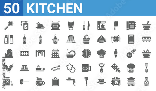 set of 50 kitchen web icons. filled glyph icons such as ketchup,frying pan,juicer,wheat,kitchen mitten,spice jar,soap dispenser,fork. vector illustration