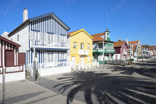 “Palheiros”, Typical colorful houses, Costa Nova, Aveiro, Beira, Portugal photo