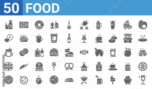 set of 50 food web icons. filled glyph icons such as sparkling wine,dairy,vitamins,king cake,sippy cup,tea time,drinks menu,polvoron. vector illustration