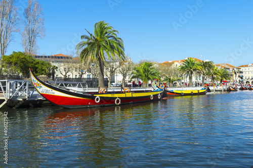 Moliceiros moored along the main canal. Aveiro, Venice of Portugal, Beira Littoral, Portugal