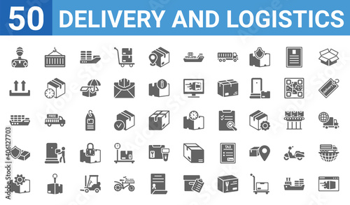 set of 50 delivery and logistics web icons. filled glyph icons such as delivery by website,courier,delivery settings,logistic protection,cargo ship,side up,container hanging,delivery time. vector