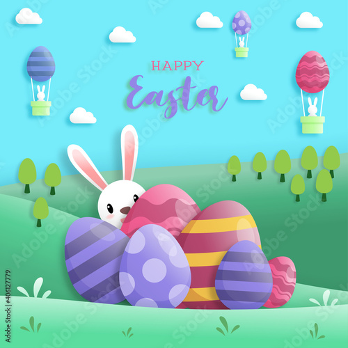 Happy easter day in paper art style with rabbit and easter eggs. greeting card, posters and wallpaper. Vector illustration.