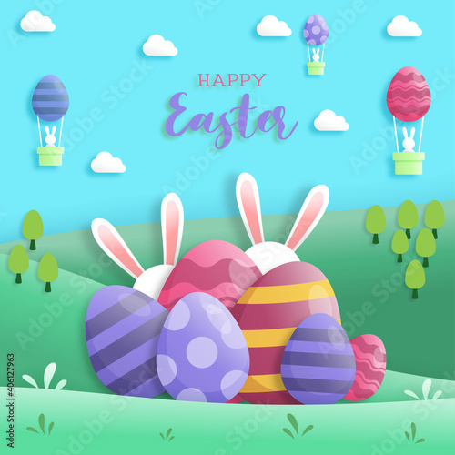 Happy easter day in paper art style with rabbit and easter eggs. greeting card, posters and wallpaper. Vector illustration.