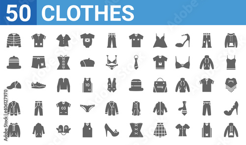 set of 50 clothes web icons. filled glyph icons such as pullover,puffer jacket,hoodie,blazer,cap,bowler,shirt,bowler hat. vector illustration
