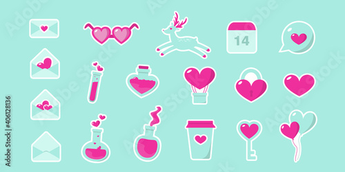 Set of valentine's day symbols on turquoise background. Valentines day pink flat icons - stickers. Symbols of love - heart, valentine, key, lock, message, glasses, bubble, elixir, envelope, balloons.