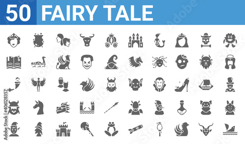 set of 50 fairy tale web icons. filled glyph icons such as shipwreck,queen,elf,viking,genie,spellbook,cauldron,troll. vector illustration © Digital Bazaar