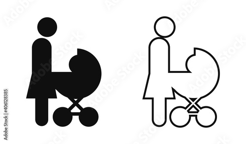 mother with stroller icon in simple icon style. Vector illustration on white background