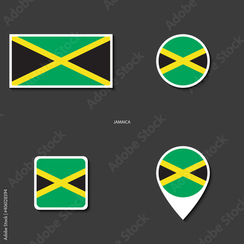 Jamaica flag icon set in different shape (rectangle, circle, square and marker icon) on dark grey background. Jamaican flag icon collection on barely dark background.