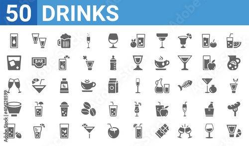 set of 50 drinks web icons. filled glyph icons such as pisco sour,water,smoothie,mind eraser drink,wine toast,whiskey,shots,french 75. vector illustration