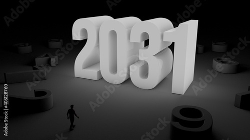 3D illustration of number 2031 with a man walking towards it