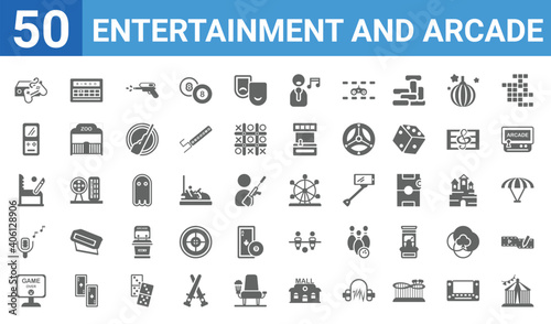 set of 50 entertainment and arcade web icons. filled glyph icons such as festival,game console,game over,voice acting,pinball,gameboy,bingo,ferris wheel. vector illustration