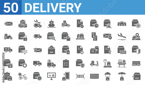 set of 50 delivery web icons. filled glyph icons such as cargo,express mail,check list,delivery day,side up,delivery by motorcycle,boxes,inspection. vector illustration