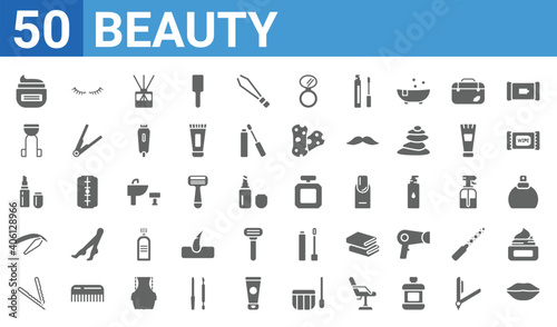 set of 50 beauty web icons. filled glyph icons such as woman lips,facial cream,bobby pins,eyebrow,lipstick,curler,two eyelashes,perfume bottle. vector illustration