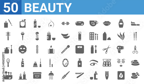 set of 50 beauty web icons. filled glyph icons such as massage,serum,makeup brush,hand mirror,nail polish,inclined comb,french perfume,big scale. vector illustration
