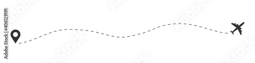 Plane. Airplane route with location pin. Vector illustration on white background