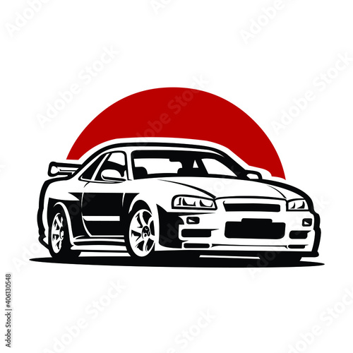 Super Cool Japanese Sport Car Vector in Red Moon Background Illustration. Best for JDM Lover Tshirt Design photo