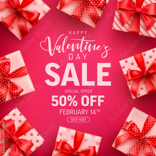 Valentine's Day Sale 50% off Poster or banner with cute gift box on pink background.Promotion and shopping template or background for Love and Valentine's day concept.