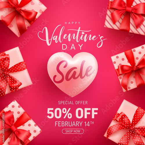 Valentine's Day Sale 50% off Poster or banner with cute gift box on pink background.Promotion and shopping template or background for Love and Valentine's day concept. © Fotomay