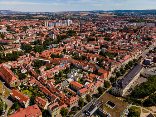 Aerial view of the old town of the city Erfurt in Germany, Thuringia on a sunny day in summer.