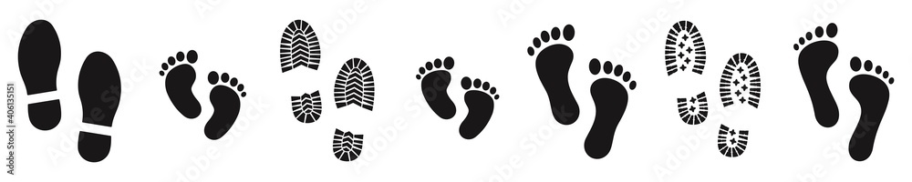 Collection different human footprints. boot sole, bare feet, Baby footprint, Vector Illustration Collection different human footprints. boot sole, bare feet, Baby footprint, Vector Illustration