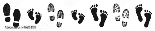 Collection different human footprints. boot sole, bare feet, Baby footprint, Vector Illustration