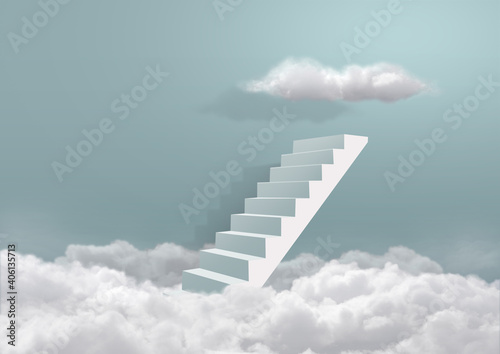 stair steps and clouds floor , stairway to top against blue wall montage photo