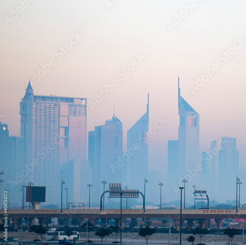 Dubai, UAE - 01.15.2021 Cityscape rising from the fog. Outdoor