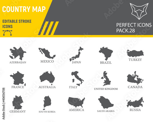Map of country glyph icon set, country collection, vector sketches, logo illustrations, map countries icons, travel signs solid pictograms, editable stroke.