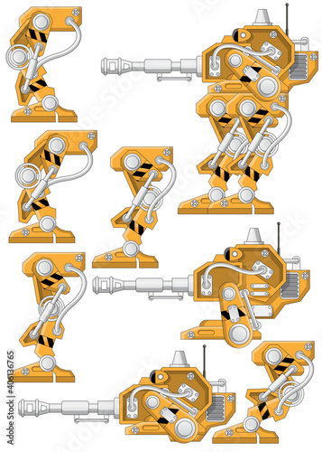 Combat robot assembly kit. Side view. Vector illustration.