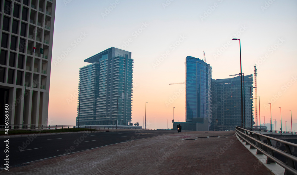 Dubai, UAE - 01.15.2021 Morning hour in Business bay district , Marasi drive. Outdoors