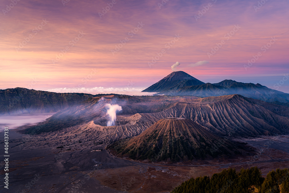 Beautiful sunrise at Mount Bromo , the active volcano in Bromo Tengger Semeru National Park, East Java, Indonesia