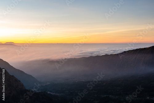 Beautiful sunrise over sea of fog at Mount Bromo in Bromo Tengger Semeru National Park, East Java, Indonesia © kanonsky