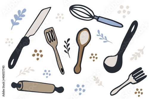 Set of kitchen utensil doodle. Black and white sketch of kitchen elements isolated on white background. Doodle illustration of kitchen elements.