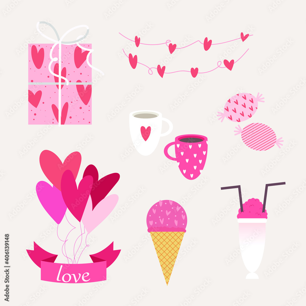 Vector set of holiday objects for romantic background. Valentine's Day.
Gift box, garland of hearts, mugs with a drink, candy, balloons, ribbon with the inscription, ice cream, cocktail for two.