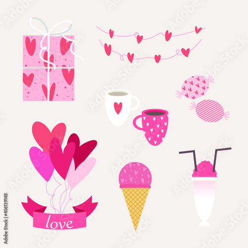 Vector set of holiday objects for romantic background. Valentine's Day.
Gift box, garland of hearts, mugs with a drink, candy, balloons, ribbon with the inscription, ice cream, cocktail for two.