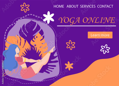 Website banner design for Yoga studio promotion with Learn more button. Yogi woman meditating