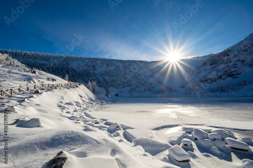 winter landscape in Karkonosze mountains in sunny day Poland