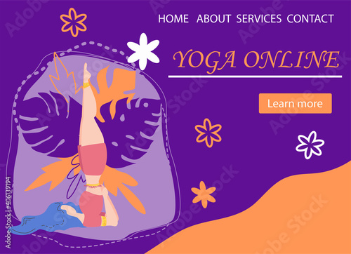 Website banner design for Yoga studio promotion with Learn more button. Yogi woman meditating