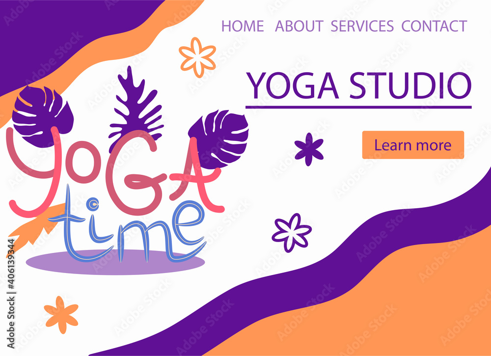 Website banner design for Yoga studio promotion with Learn more button. Yogi woman meditating