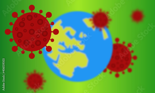 Mehrere rote Coronaviren kreisen um die Erde vor grünem Hintergrund mit Farbverlauf