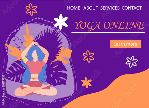 Website banner design for Yoga studio promotion with Learn more button. Yogi woman meditating