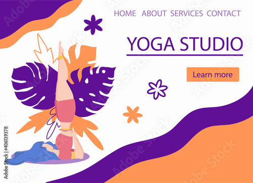 Website banner design for Yoga studio promotion with Learn more button. Yogi woman meditating