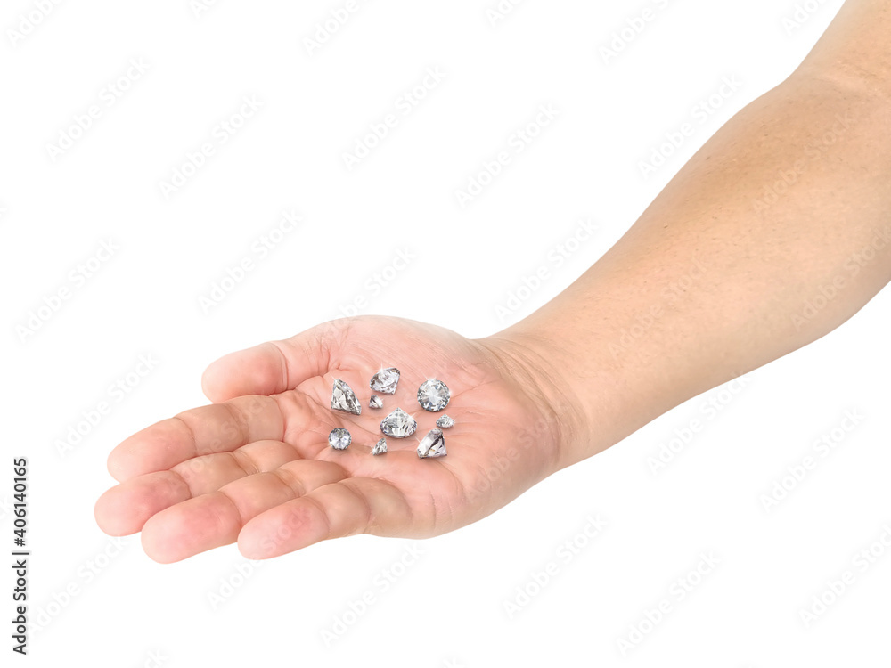 Diamonds of different cuts and sizes in open palm on white background