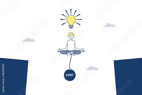 Young businessman meditating and floating in the air. With a light bulb on his head And there is iron pendulum with message debt written. Vector illustration for graphic design or business content