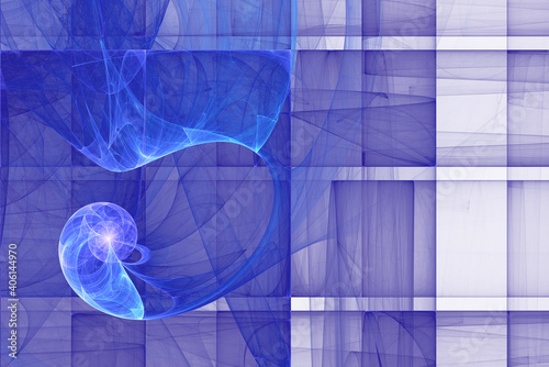 Neon glowing lines and shapes flying in the space. Geometric sci-fi structure. Abstract creative modern background
