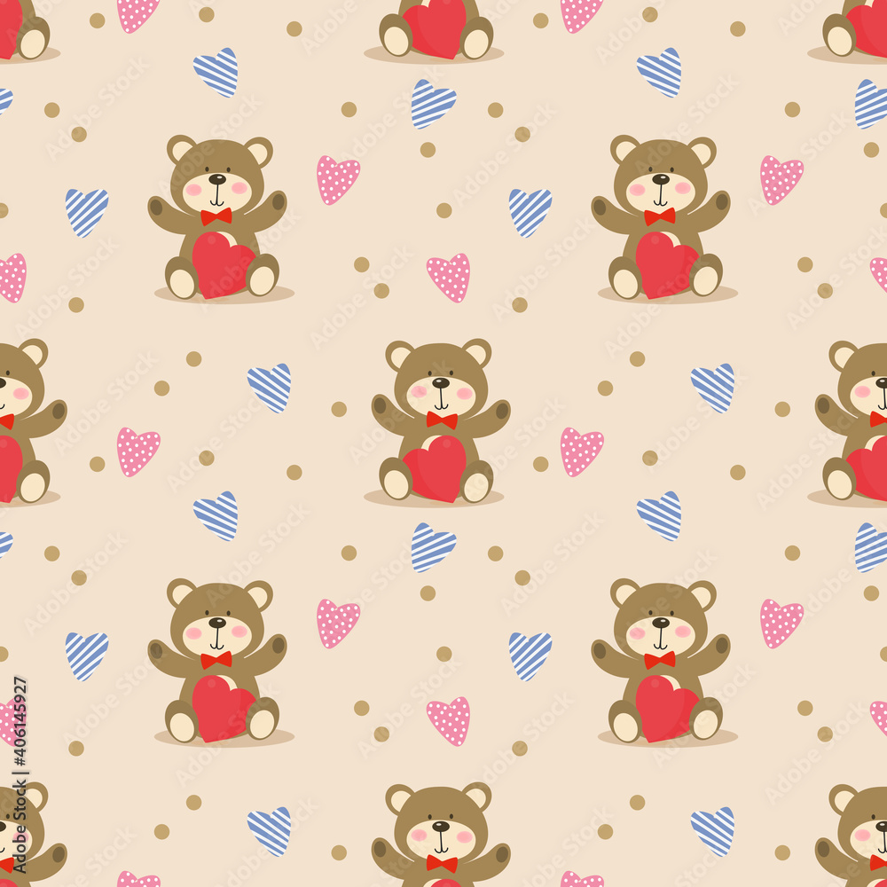 Naklejka premium Cute bear hold a heart seamless pattern