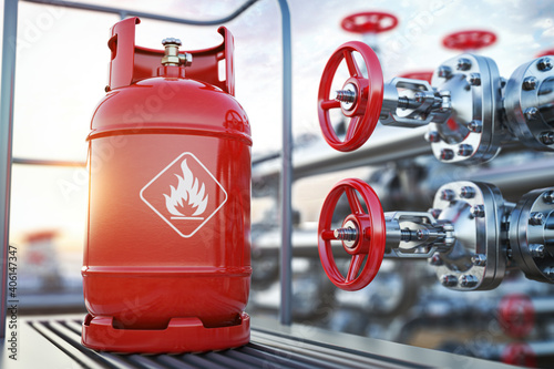Production, delivery and filling with natural gas of lpg gas bottle or tank. photo