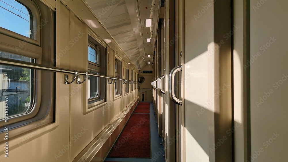 Long-distance train inside view. A compartment of a train carriage. Travel by rail Long-distance train inside view. A compartment of a train carriage. Travel by rail